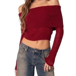 Edikted Red Off-the-Shoulder Long Sleeve Sweater